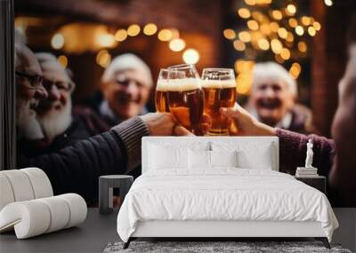 Senior people cheers, making toasts with beer glasses at a party celebration with friends enjoy a warm winter evening. Wall mural