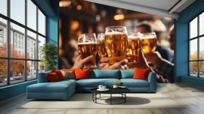 Senior people cheers, making toasts with beer glasses at a party celebration with friends enjoy a warm winter evening. Wall mural