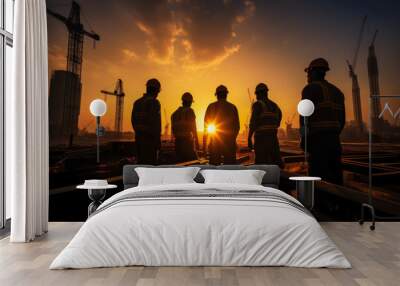 Silhouette of an engineering team working on the construction site at sunset Wall mural