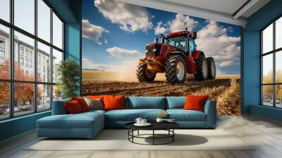 The tractor drills grain at the field. agricultural activities Wall mural