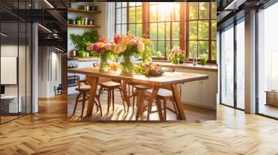 a sun drenched kitchen, featuring a wooden table adorned with fresh blooms, set against the backdrop of stunning windows that frame the scene. Wall mural