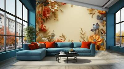 3d illustration visualized flora frame background for art, design and decor on warm orange background. Wall mural