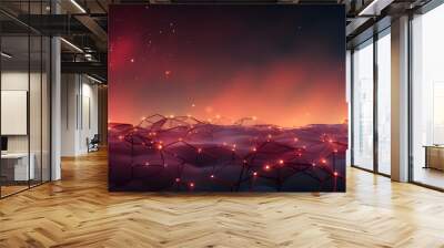 immersive vibrant burgundy octagon shapes background with glitters, particles and blurred background, 3d illustration for festival Wall mural