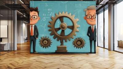 Cartoon family members as cogs in financial machine Wall mural