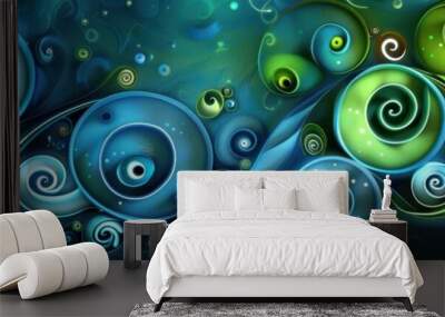 Neon blue and green playful swirls and dots Wall mural