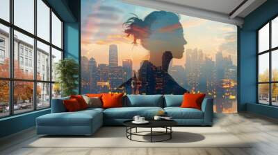 silhouette of a leader with a double exposure of a city skyline, highlighting leadership roles and t Wall mural