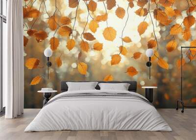 A stylized digital painting of golden autumn leaves swirling in the gentle breeze with warm sunlight filtering through the branches Wall mural