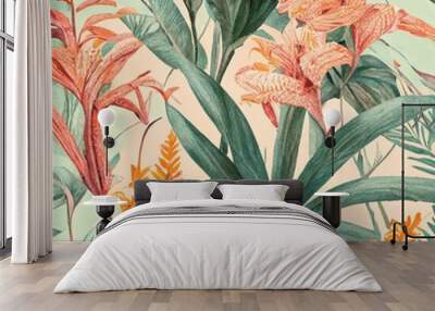 Crocosmia and palm leaves seamless floral pattern, pastel colors. Generated by AI. Wall mural