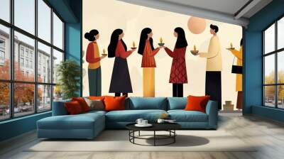 Modern Flat Illustration of Diverse Friends Celebrating Diwali Together Wall mural