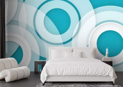 Abstract white circles on blue background, layered white geometric shapes in modern art creative pattern design Wall mural