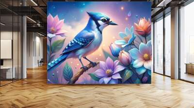 This is a lovely watercolor illustration featuring two birds surrounded by delicate flowers and leaves, all set against a soft, pastel background. The birds appear to be a Blue Jay and a Robin, each  Wall mural