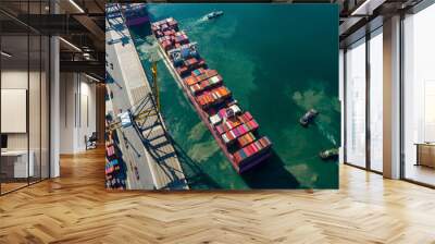 Aerial top view of Cargo ship Transportation and Tug boat cargo ship leaving harbor in deep sea port at industrial estate for import export around in the world, Business logistic transportation sea Wall mural