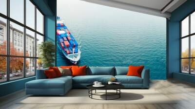 Aerial view Cargo container ship. Business logistic transportation  in the ocean ship carrying container,Cargo ship, Cargo container in factory harbor for import-export, Space for copy Wall mural