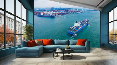 Aerial view cargo ship of business logistic transportation sea freight,Cargo ship, Cargo container in factory harbor at industrial estate for import export around in the world, Trade Port / Shipping Wall mural