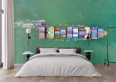 Aerial view of Small container ship at sea freight, Business International trade and Container logistics export-import harbor to the International port / Shipping Containers concept. Wall mural