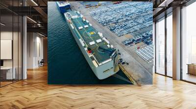 Aerial view ro-ro ship, Cargo ship transportation of business logistic sea freight, New Cars produced by year up in the port for Cargo ship and Cargo import-export around in the world Wall mural