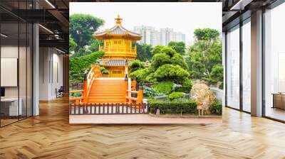 Architecture China, Classical Garden, Nan Lian Gold Chinese pavilion at the park , Golden Pavilion of Perfection in Nan Lian Garden, Hong Kong Wall mural