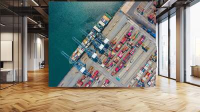 Container ship, Business logistic import-export transport international and transportation of containers in port , Shipping container buildings, Aerial at night view of Shipping container worldwide Wall mural