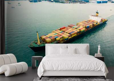 Fresh colorful Container cargo ship, Business International trade and Container logistics export-import harbor to the International port / Shipping Containers concept. Bird's-eye view from drone. Wall mural