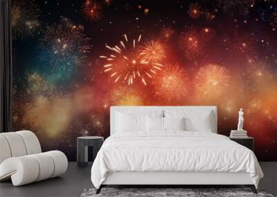 Generative AI of Festival fireworks banner frame. Abstract colorful firework display for holiday and celebrations in the starry night sky, Copy space for text, New Year holiday concept Wall mural