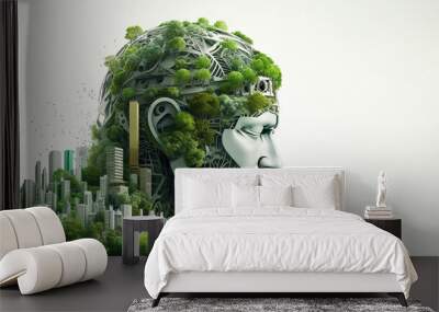 Generative AI of Stylish handsome cyborg head city and green forest panorama background, Futuristic man, Recycling society, Green tech, Sustainable development goals. SDGs, Environmental technology  Wall mural