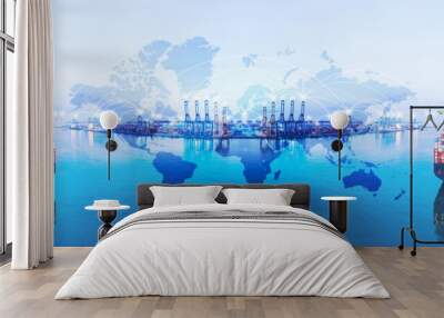 Island for Container ship loading and unloading, World map with Global logistic network distribution. Cargo freight ship for Online international order worldwide concept. Rearview cargo container ship Wall mural