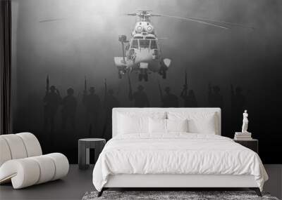 Silhouette of military rangers and Helicopter with soldier on the top of mountain at sunset	
 Wall mural