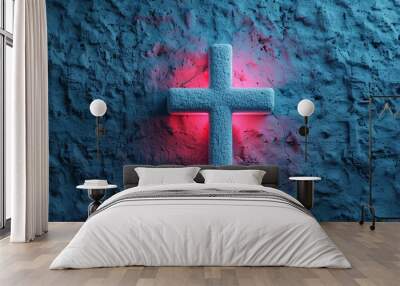 3d rendered cross on blue concrete wall with neon glow. Wall mural