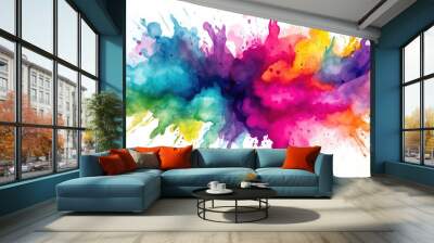 A cartoonstyle watercolor illustration of a colorful powder explosion, mimicking a Holi paint celebration, vivid and dynamic, isolated on white Wall mural