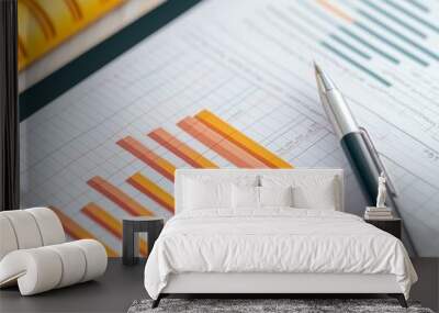 A close-up of a report featuring colorful bar graphs and charts, accompanied by a pen and a spiral notebook, emphasizing data analysis and business insights. Wall mural