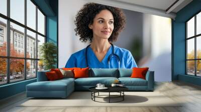 A healthcare professional with a stethoscope engaged in conversation in a medical setting. Wall mural