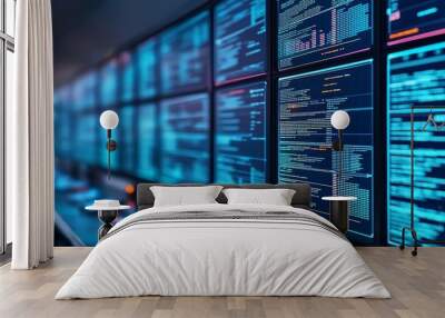 A modern control room with multiple screens displaying data analytics and code in a high-tech environment. Wall mural