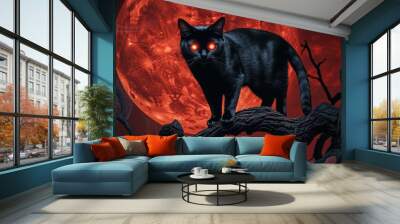 A mystical black cat with glowing eyes perched on a tree branch against a haunting red moon background. Wall mural