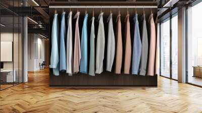 A neat arrangement of shirts hanging in a closet, featuring various colors and patterns, showcasing a fashionable display of clothing options. Wall mural