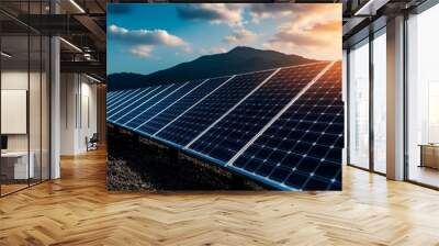 A scenic solar panel field with mountains in the background under a bright sky, showcasing renewable energy solutions at sunset. Wall mural