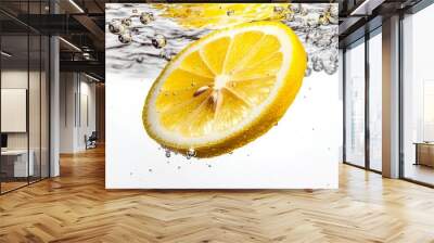 A vibrant lemon slice submerged in water, surrounded by bubbles, showcasing freshness and crispness. Wall mural