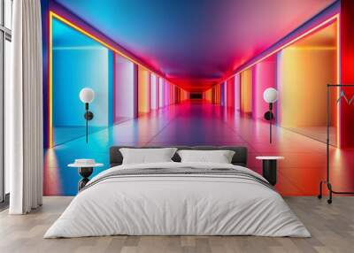 abstract neon lights corridor - futuristic interior design with vivid colors. Wall mural