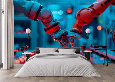 advanced robotics technology in modern factory - close up of two robotic arms working on assembly line with red lights and blue background. Wall mural