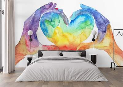 An artistic watercolor depiction of hands holding up a heartshaped sign painted in the colors of the rainbow, symbolizing love and equality, isolated on a white background Wall mural