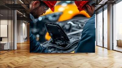 automotive technicians inspecting engine components in modern car manufacturing facility. Wall mural