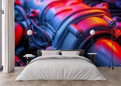 close-up view of a modern car engine with red and blue lighting, highlighting the turbocharger and engine components, abstract mechanical design, auto Wall mural