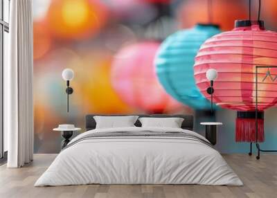 colorful chinese lanterns with bokeh background - festive asian decor. Wall mural