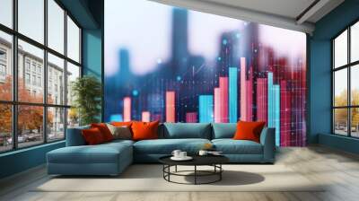 Colorful financial graph overlay depicting data trends in an urban skyline, representing investment growth and economic progress. Wall mural