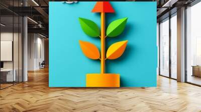 colorful paper craft arrow plant growing upward against blue sky with clouds - business success growth concept. Wall mural