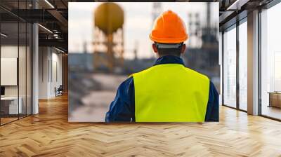 construction worker safety gear back view, high visibility vest and hard hat, diversity, teamwork, modern building site Wall mural