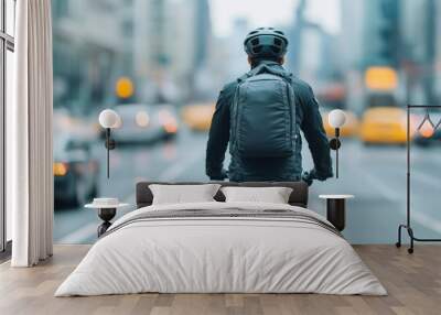 Cyclist navigating urban streets with blurred traffic in the background. Wall mural