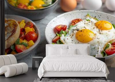 delicious and healthy breakfast with fried eggs, tomatoes, and mango salad in bowls on a grey background. Wall mural