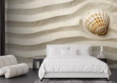 Detailed texture of beach sand with a single seashell, minimalist design in soft beige, ideal for elegant background templates Wall mural