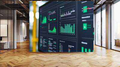 Digital dashboard showcasing data on sustainability metrics, carbon footprints, and eco-impact analysis in business operations Wall mural