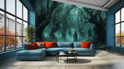 eerie foggy forest with mysterious hooded figures - surreal landscape of twisted trees and shadows Wall mural